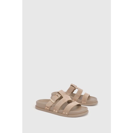 Faux Suede Double Strap Cut Out Footbed Sliders