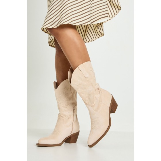 Faux Suede Tab Detail Calf High Western Boots