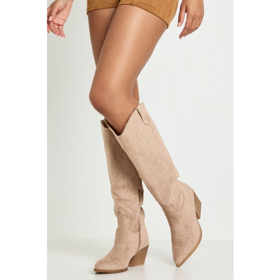 Faux Suede Embroidered Knee High Western Boots