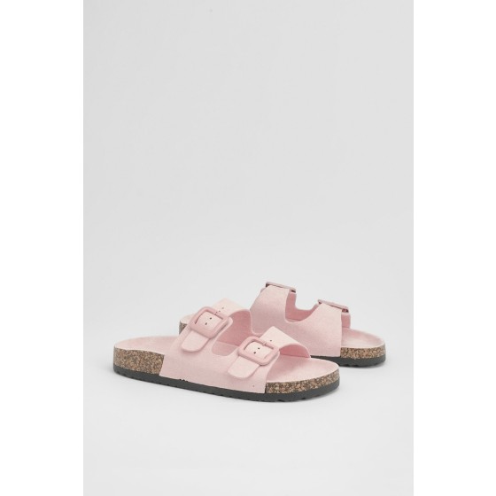 Faux Suede Double Buckle Footbed Sliders