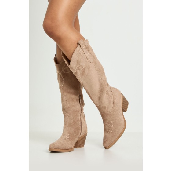 Faux Suede Tab Detail Knee High Western Boots