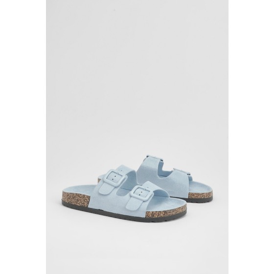Faux Suede Double Buckle Footbed Sliders