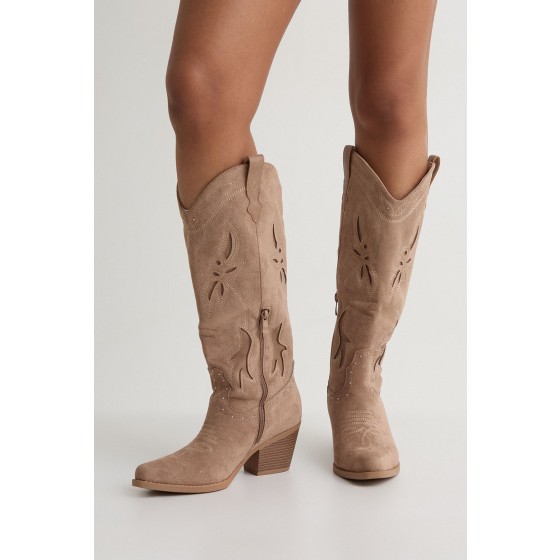 Faux Suede Cut Out Detail Knee High Western Boots
