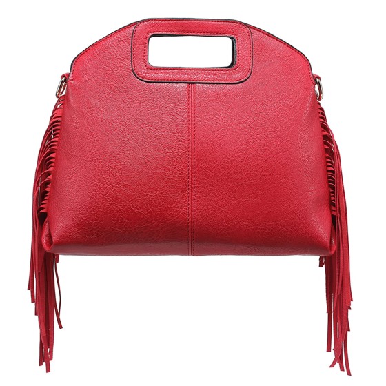 Cutout Handle Side Frindge Faux Leather Tote Shoulder Handbag