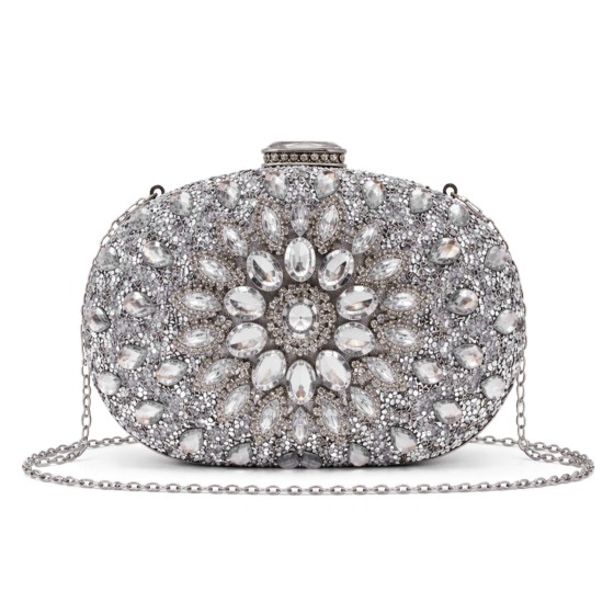 Floral Diamante Oval Evening Party Clutch Bag