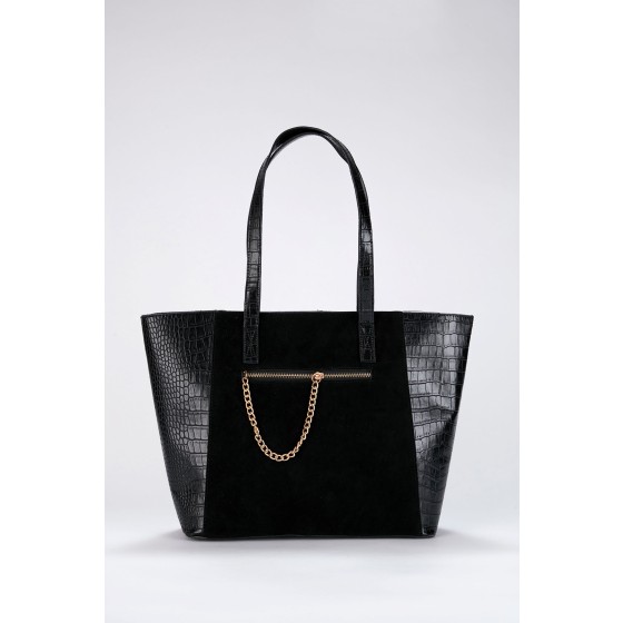 Chain Trim Detail , Suede&Croc VeganLeather Shoulder Bag
