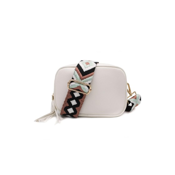 Double Strap Tassel Charm Canvas Strap Camera Crossbody Bag