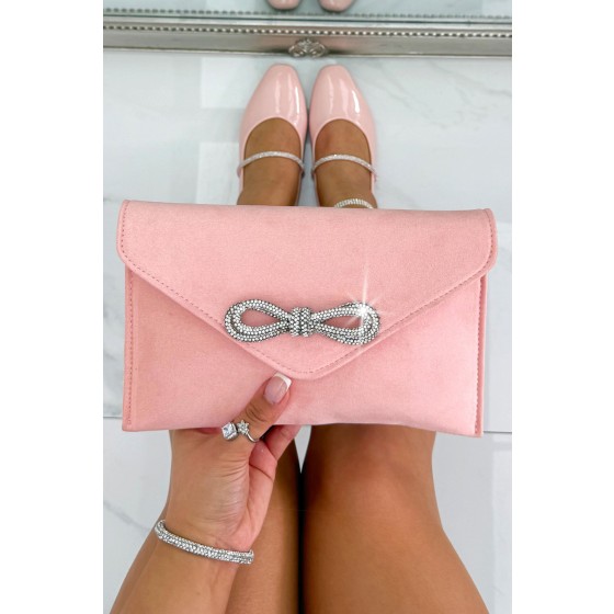 Crystal Bow Embellished Faux Suede Clutch Bag