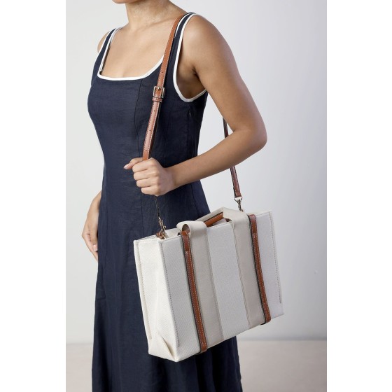 Margaret Canvas Stripe Tote Bag in Light Brown with Cross Body Strap