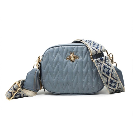 Bee Emblem Quilted Crossbody Camera Bag WIth Canvas Strap