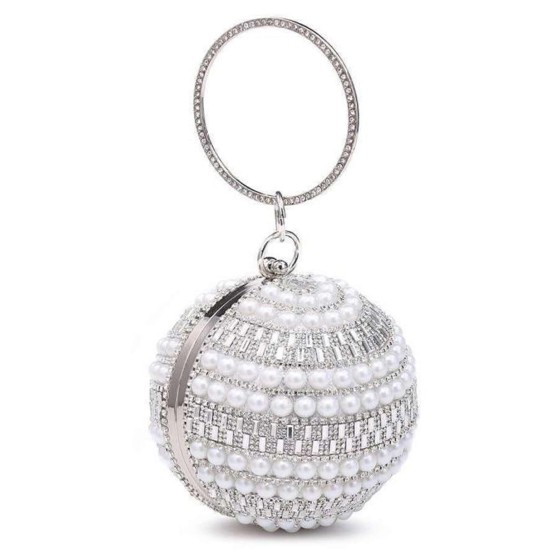 Ball Shape Pearl Beaded Clutch Handbag With Round Diamanti Handle