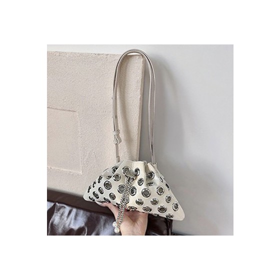 'Janieka' Drawstring Chain Shoulder Bag with Eyelet Studs