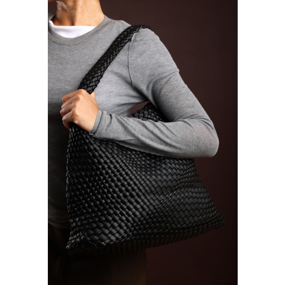 'Stone' Weave Detail Faux Leather Shoulder Bag