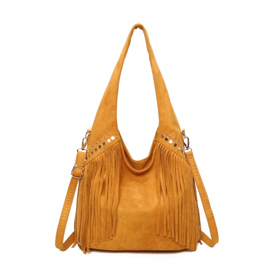 Studded Large Faux Suede Fringe Slouch Tote Shoulder Bag