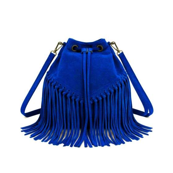 Drawstring Closure Soft Real Suede Leather Boho Fringe Bucket Bag