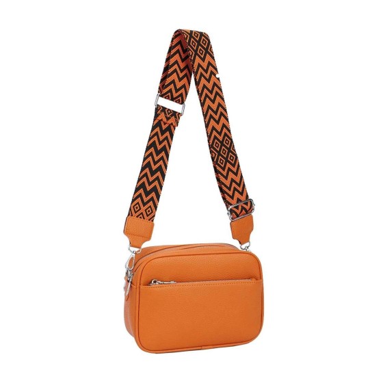 Front Zip Canvas Strap Dual Compartments PU Leather Crossbody Bag