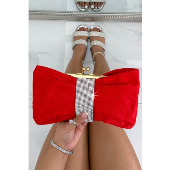 Crystal Detail Suede Bow Clutch Bag