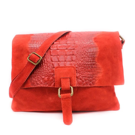 Croc Skin Flap Over Italian Soft Suede Leather Small Crossbody Shoulder Bag Handbag