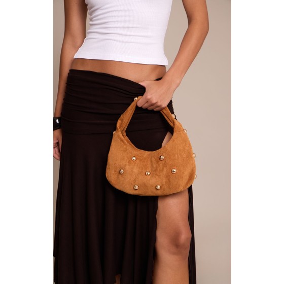 Faux Suede Gold Studded Shoulder Bag