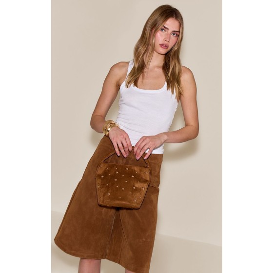 Faux Suede Gold Stud Detail Cross Body Bag