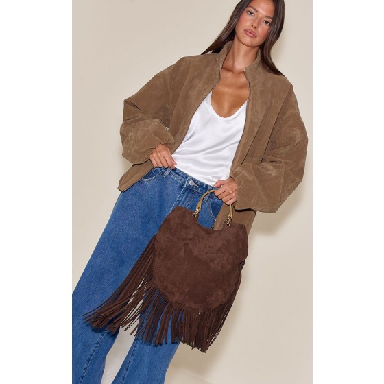 Fringe Metal Handle Slouchy Tote Bag